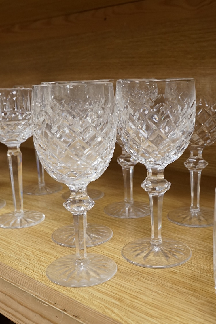 A Waterford cut glass decanter, glasses and an 800 standard mounted claret jug, claret jug 22cm high